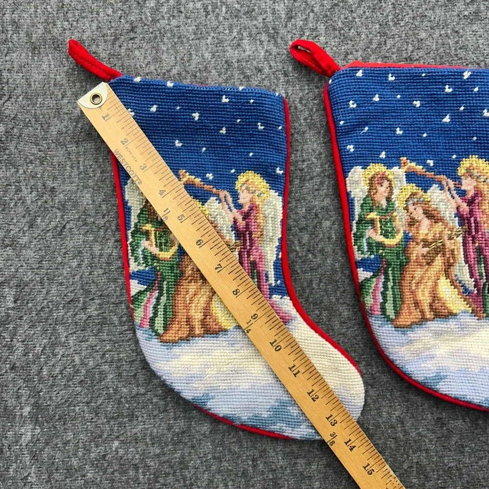 Vintage Christmas Needlepoint Angel Stockings Lined Inside Velvet Backing Set